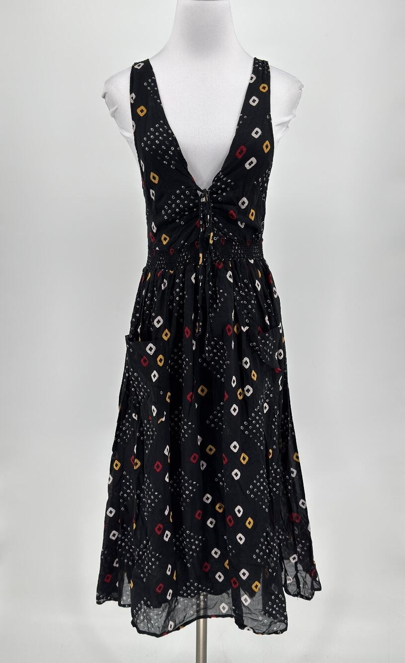 Free People Pocketful of Wildflowers Black Floral Lace Up V Neck Midi Dress Sz S